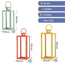 Cepewa Laterne 3er Set Metall Glas Grün/Orange/Gelb
