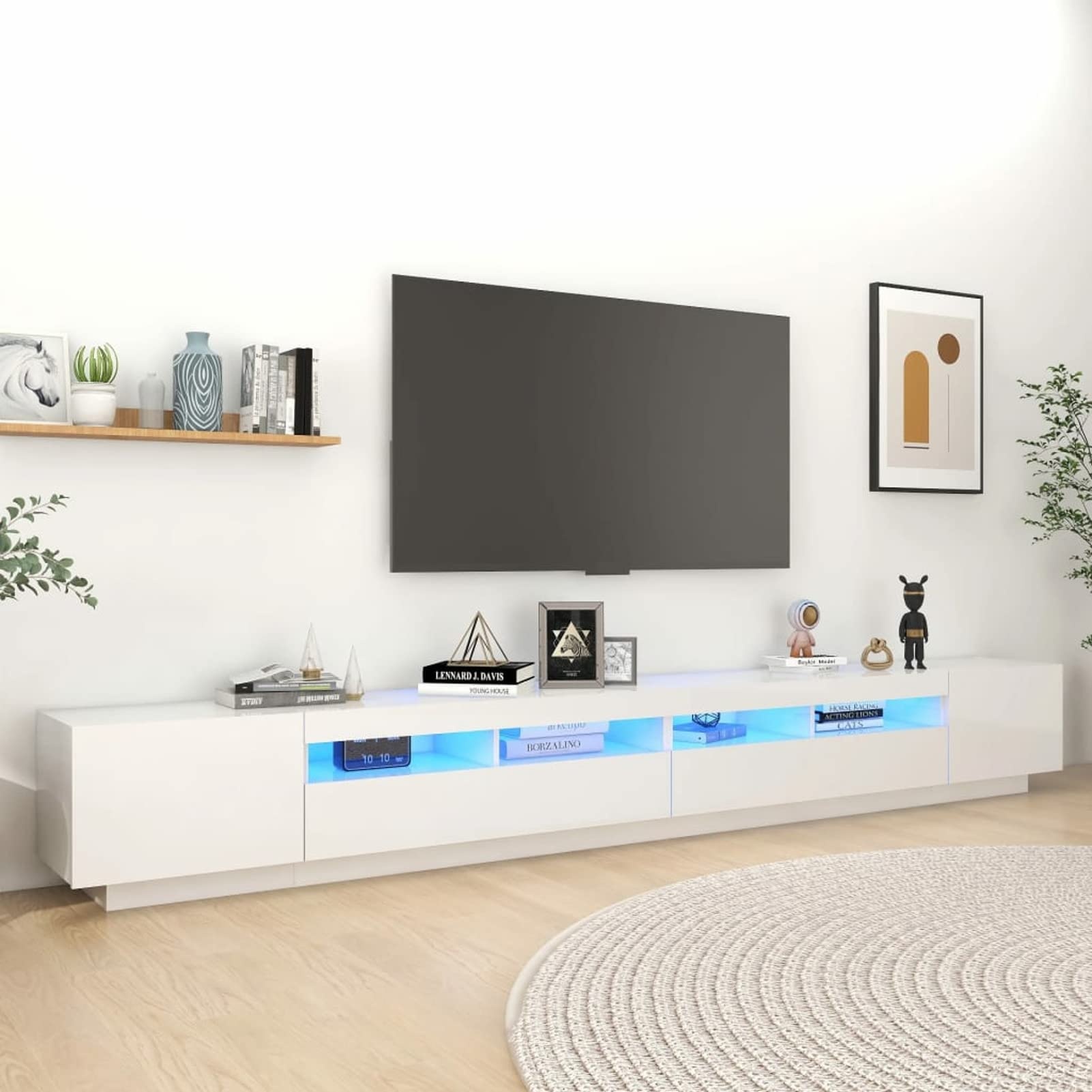 SECOLI Lowboard TV mit LED TV Schrank LED 300 cm TV Board Fernsehschrank TV-Schrank TV-Kommode TV Bank TV Möbel Sideboard für Wohnzimmer Schlafzimmer Hochglanz-Weiß
