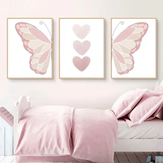 Ueiwffzo 3er Poster Set Bilder Kinderzimmer, Mädchen Kinderzimmer Bilder, Premium Schmetterling Herzen Poster, Niedliche Wanddeko Wandbild für Mädchenzimmer Babyzimmer, ohne Rahmen (50 x 70 cm)