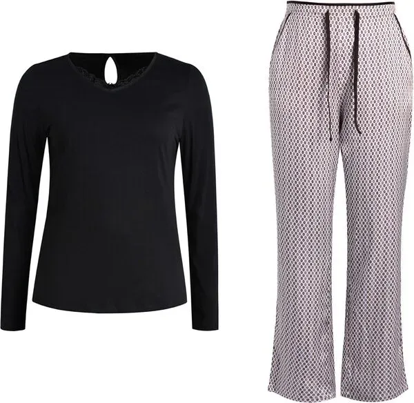 IZURIA Set aus langarmigem Oberteil mit V-Ausschnitt und schwarzen Hosen mit Print, Größe S