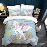 TSOPEFI Rosa Einhorn Mädchen Bettwäsche Set,Cartoon Einhorn Muster Kinder Bettbezug Set,Regenbogen Wolken und Pferde Einhorn Bettbezug (135x200cm, C)