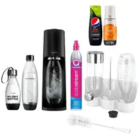 SodaStream Wassersprudler TERRA 3x Flaschen, 2x Pepsi Sirup, Flaschenhalter, Flaschenbürste, (CO2-Zylinder bis zu 60 Liter Sprudler Getränke, Vorteilspack, 8-tlg., Wassersprudel, 2x 3x Flasche, 2x Sirup 440 ml, Bürste, Flaschenhalter), Kompakter Flaschenhalter Abtropftablett, Umweltfreundlichmit. weiß