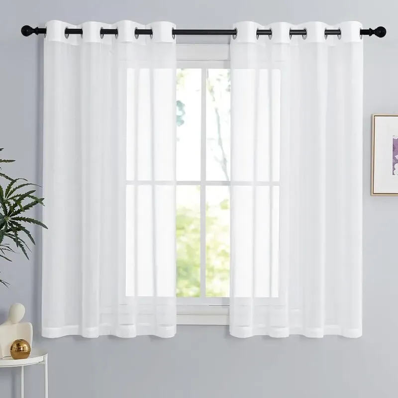 PONY DANCE Transparente Leinenoptik-Vorhänge mit Ösen, 2 Paneele B140 x L120 cm, Weiß
