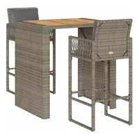 vidaXL 3-tlg. Gartenbar-Set mit Kissen Grau Poly Rattan Akazie