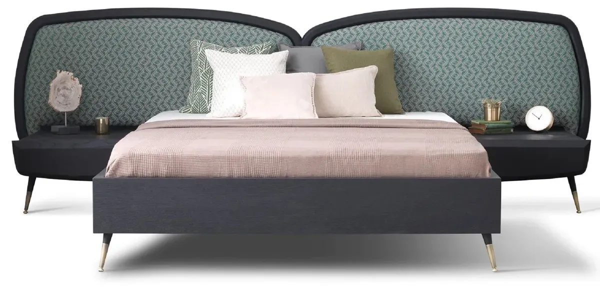 Casa Padrino Luxus Schlafzimmer Set Grün / Schwarz / Antik Messing - 1 Doppelbett mit Kopfteil & 2 Nachtkommoden - Luxus Schlafzimmer Möbel - Luxus Schlafzimmer Einrichtung