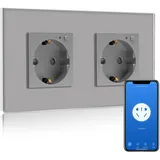 BSEED Wifi Smart Steckdose,arbeitet mit Amazon Alexa,Google Home,Timing-Funktion und APP-Steuerung,2 Fach Schuko Steckdose Grau,Unterputz Glas Intelligente Steckdose-auf NUR 2.4 GHz Netzwerk