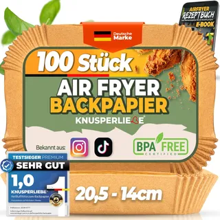 KNUSPERLIEBE® Backpapier für Heißluftfritteuse mit Doppelkammer,100 Stück 20,5-14cm Rechteckig, Airfryer Papier Liners kompatibel mit Ninja Dual/Double Stack, und Anderen Dual Zone Air Fryer