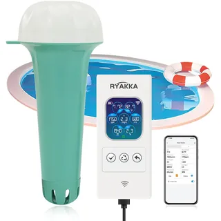 RYAKKA Pro 7-in-1 Smart Pool und Teich-Wassertester für Chlor, PH, SAL,Temp,ORP,TDS,EC Messgerät Rapid WLAN Pooltester mit App Automatische Meldung Wassertester für Whirlpools & Spa(Mit Batterie)