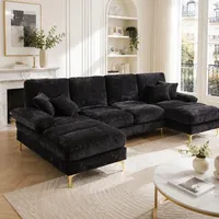 Wohnlandschaft U-Form Chenille Sofa großes Ecksofa XXL Couch mit Doppel-Chaiselongue Kissen goldene Metallfüße modernes Sektionssofa für Wohnzi... - Schwarz