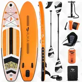 AUKAI SUP Board PRO | Aufblasbares Stand up Paddle Set | 320cm viele Modelle | 5 Jahre Garantie | inkl. Sonderzubehör | 2in1 Paddel Kajak-Sitz Action-Cam-Halterung Fußschlaufe Pumpe Rucksack (Orange)