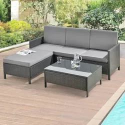 DELUKE® Gartenmöbel Set Polyrattan SEORA - 3-tlg. Grau Gartenlounge Set Sofa, Hocker und Tisch Outdoor-Möbel Sitzgruppe Garten mit Tisch