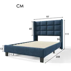 Merax Polsterbett Einzelbett 90x200 aus Leinen & Holz & Metall mit Lattenrost & Kopfteil für Schlafzimmer Blau