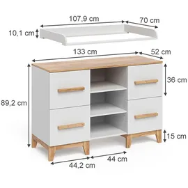 VitaliSpa Wickelkommode Malia, Weiß/artisan, 133 x 98 cm XL mit 4 Schubladen,