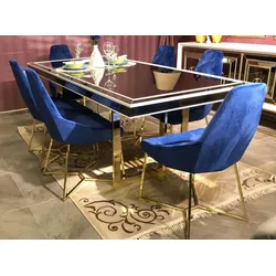 Casa Padrino Luxus Esszimmerstuhl 6er Set Blau / Gold 54 x 53 x H. 98 cm - Luxus Küchen Stühle - Esszimmer Möbel - Küchen Möbel - Luxus Möbel - Luxus Einrichtung - Esszimmer Einrichtung