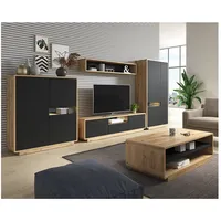 Lomadox Wohnzimmer Möbel Set Inkl. Led Beleuchtung Albany-83 In Taurus Eiche Nb. Mit Schwarz Matt, B/h/t: Ca. 423/181/40 Cm
