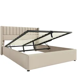 Merax Doppelbett 140x200 Polsterbett aus Leinen mit Lattenrost & Hydraulische Stauraum Beige