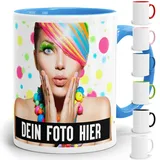 Fototasse selbst individuell gestalten/Personalisiert mit Foto oder Bild Bedrucken/Tasse in verschiedenen Farben aus Keramik (Lightblue)