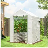 Outsunny Tomatengewächshaus Foliengewächshaus mit Hochbeet Rolltor Fenster Schrägdach 141 x 141 x 190 cm Stabil Treibhaus mit PE-Folie Tomatenhaus Gewächshaus für Garten, Balkon, Terrasse Weiß