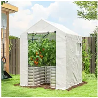 Outsunny Tomatengewächshaus Foliengewächshaus mit Hochbeet Rolltor Fenster Schrägdach 141 x 141 x 190 cm Stabil Treibhaus mit PE-Folie Tomatenhaus Gewächshaus für Garten, Balkon, Terrasse Weiß