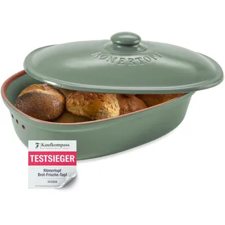 ROMERTOPF Römertopf Brottopf oval MAXI 6,5 Liter - Brotkasten Grün aus Keramik - Atmungsaktiver Tontopf für langanhaltende Frische von Brot und Brötchen