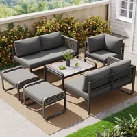 MERAX Gartenlounge-Set (Sitzgruppe Balkonmöbel mit 2-Sitzer-Sofa, Ecksofa, Hocker & Couchtisch, 6-tlg), Polyrattan Gartenmöbel mit Couchtisch - Grau