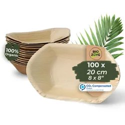 BIOZOYG 100 Stück Einwegschale 20cm Palmblattschale Schiffchenform Einweggeschirr Palmblatt Boot biologisch abbaubar biologisch kompostierbar