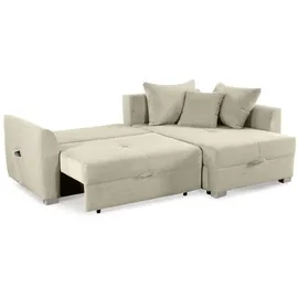 luma-home Cord Ecksofa L-Form Couch Polsterecke Schlaffunktion Bettkasten in Beige Grau / 15201 - Beige