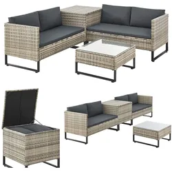Juskys Polyrattan Lounge Santorini - Outdoor Sitzecke mit Beistelltisch & Auflagenbox - Grau