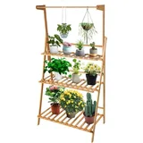 3-Stöckiger Bambus-Pflanzenständer, Zusammenklappbar, Bambus-Blumenleiter-Regal mit Hängestange, Blumenregal, Regalleiter Für Drinnen Und Draußen