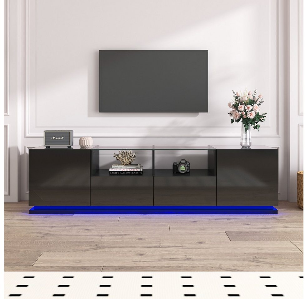 IDEASY Fächerschrank TV-Schrank mit Hochglanzlackierung, weiß/schwarz, farbige LED, 165*38*43cm, Glasplatte, 2 Türen, 2 Fächer,geschlossener Boden schwarz