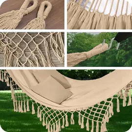 OEM Gartenhängematte Im Brasilianischen Boho-Stil 190x150 cm, Beige, 120 kg Belastbarkeit, Mit Fransen, Aufbewahrungstasche 2 Seilen, Baumwolle-Polyester, Outdoor Indoor