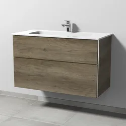 Sanipa Keramik-Waschtisch-Set mit Waschtischunterschrank „3way“ 97 × 46 × 58,2 cm in Eiche-Nebraska, mittig