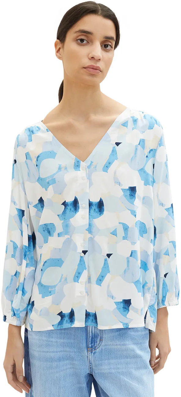 Tom Tailor Damen Bluse PRINTED V-Neck Relaxed Fit Blau Shapes Design 32135 36