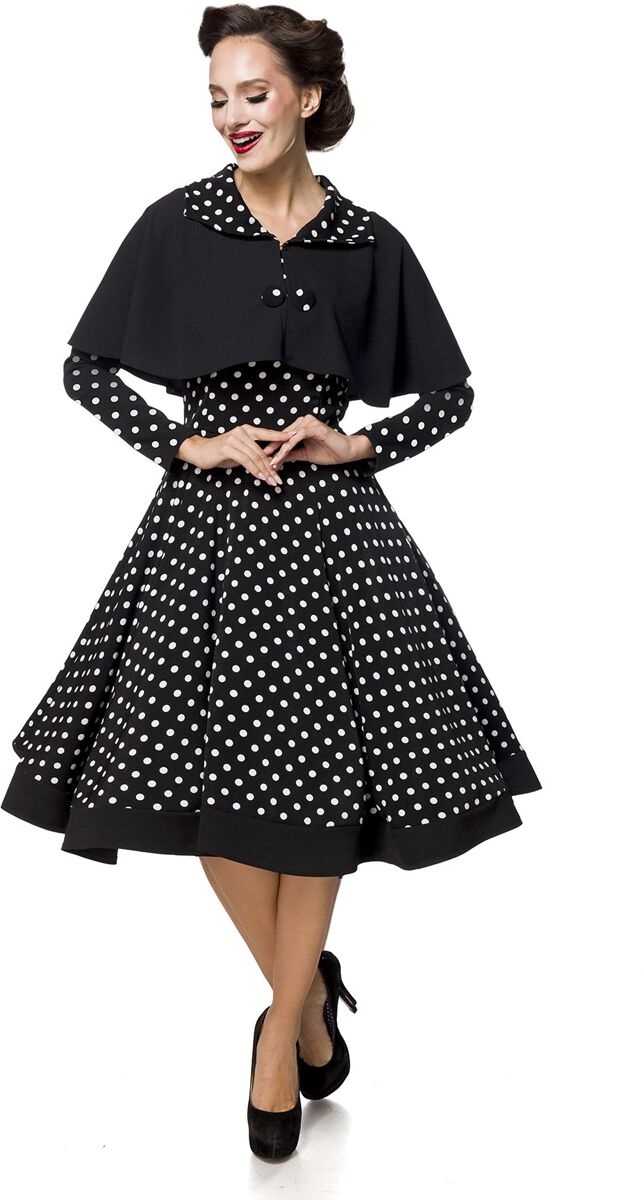 Belsira - Rockabilly Kleid knielang - Swing-Kleid mit Cape - XS bis XXL - für Damen - Größe XS - schwarz/weiß - XS