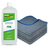 ferdoclean® 1000ml Isopropanol 70% + 6 x Mikrofasertücher (40 x 40 cm) 380 GSM Saugstark | 1l IPA Alkohol Reiniger für Haushalt, Auto | Fettentferner Reinigungsmittel | Microfasertuch blau/anthrazit