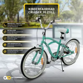 ACTIONBIKES MOTORS Actionbikes Kinderfahrrad Cruiser 20 Zoll, Rosa/Türkis, verstellbar, Seitenständer, V-Brake-Bremsen (Türkis)