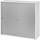 bümö Schiebetürenschrank 3OH - Aktenschrank abschließbar, Sideboard Schrank mit Schiebetüren in Weiß/Silber, Bogengriff - Büroschrank aus Holz mit