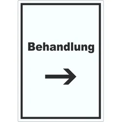 Behandlung Aufkleber mit Text und Richtungspfeil rechts Behandlungsraum hochkant A9 (37x52mm)