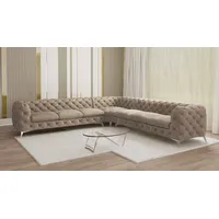 s-style möbel - Chesterfield Ecksofa Cleo mit Silber Metall Füßen aus Dunkle Creme Samtstoff, B/T/H: 323 cm/ 323 cm/ 75 cm