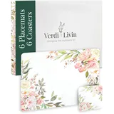 Verdi Livin Kork-Tischsets mit rosa Rose, 6 Stück und passende Untersetzer (12 Stück) – hitzebeständige Kork-Tischsets 40,6 x 30,5 cm, harte Rückseite, große grüne Blätter