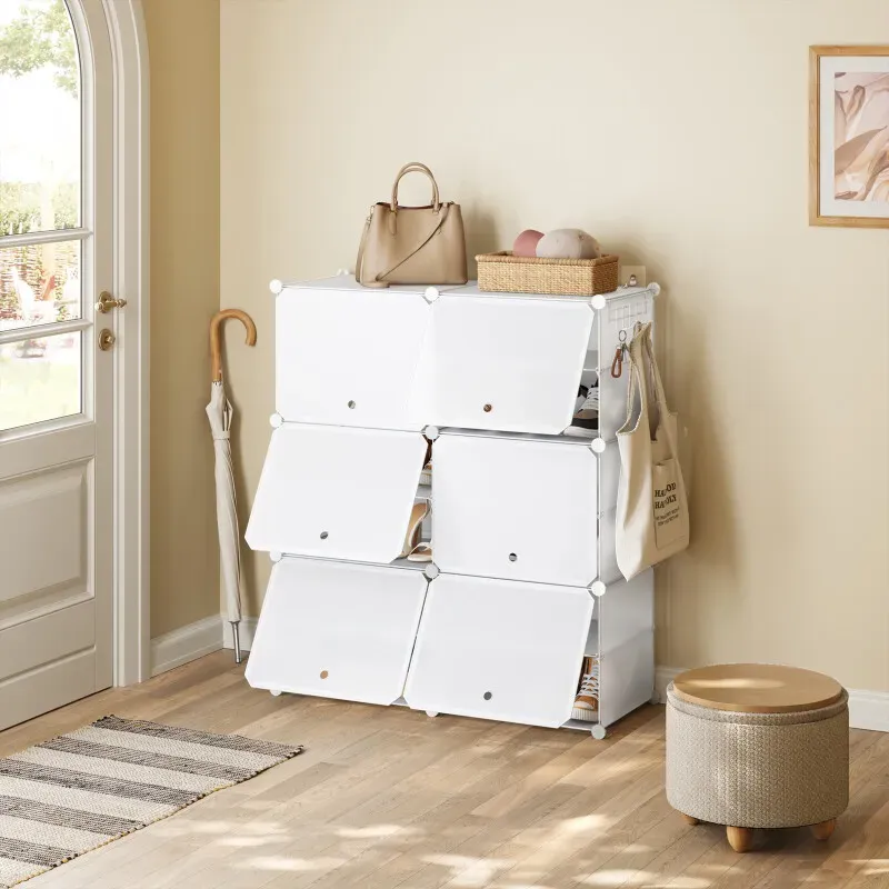 WOLTU Modularer Schuhschrank mit 6 Fächern, platzsparendes Schuhregal aus Kunststoff und Metall, modulares Aufbewahrungsregal, Fach 45x35x35cm, mit Tür, Weiß