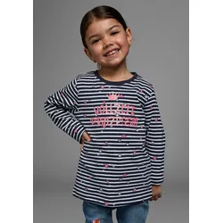 Langarmshirt KIDSWORLD "Vollzeit Prinzessin", Mädchen, Gr. 104/110, blau (marine, weiß, gestreift), Jersey, Obermaterial: 95% Baumwolle, 5% Elasthan, gestreift, bedruckt, modisch, Basic hüftlang, Rundhals, Langarm abgesteppte Kante, Shirts, Langarm, Basic-Passform, mit Sternmuster, Rundhalsausschnitt