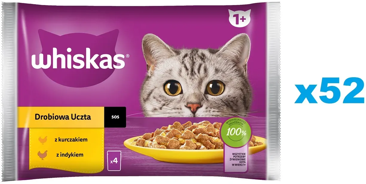 WHISKAS Adult 52x85 g Geflügelschmaus Nassfutter für ausgewachsene Katzen in Sauce mit: Huhn, Truthahn