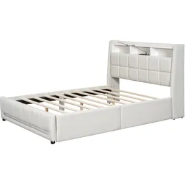 SOFTWEARY Stauraumbett mit LED-Beleuchtung, USB-Anschlüssen und Schubladen, 140x200 cm, Doppelbett, Leinen Beige