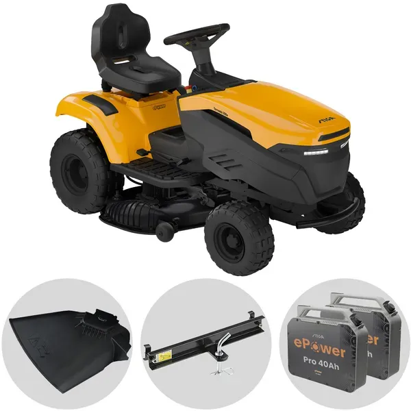 Stiga Tornado 398e  Rasentraktor mit  2 ePower Pro-Akkus 56V/40A  Seitenauswurf und Mulchfunktion