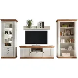 furn.design Wohnwand weiß Eiche Wotan, Metall, Nachbildung,Eiche, Pinie Uni, Holz Optik, 7 Fächer, 4 Schubladen, 387x204x52 cm, Wohnzimmer, Wohnwände, Anbauwände