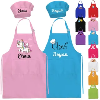 NEVAOU Personalisierte Kinderschürze und Kochmütze Set, Geschenk für Mädchen und Jungen, individuelle Kinderschürze mit Namen, verstellbare Küchen-Koch-Kinderschürzen, Farbe Rose - M