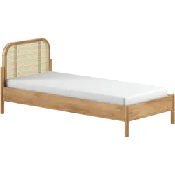 Einzelbett VIPACK "mit massiven Bettpfosten und furnierten Bettseiten", braun (eiche natur, eiche natur, eiche natur), B:98,5cm H:90cm L:208,5cm, Betten, 90/200 inkl. Lattenrost und trendigem Rattankopfteil