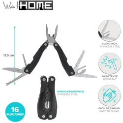 WellHome - Multitool-Zange mit 16 Funktionen aus Edelstahl mit schwarzem Griff 15,5 cm