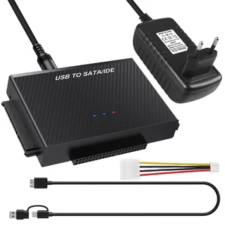 USB 3.0 zu SATA IDE Adapter, USB 3.0 zu IDE/SATA Festplatte Adapter Für 2,5/3,5 Zoll SATa & IDEHDD/SSD, Externer Festplattenadapter mit USB-Kabel und SATAKabel und 12V/2A Netzteil